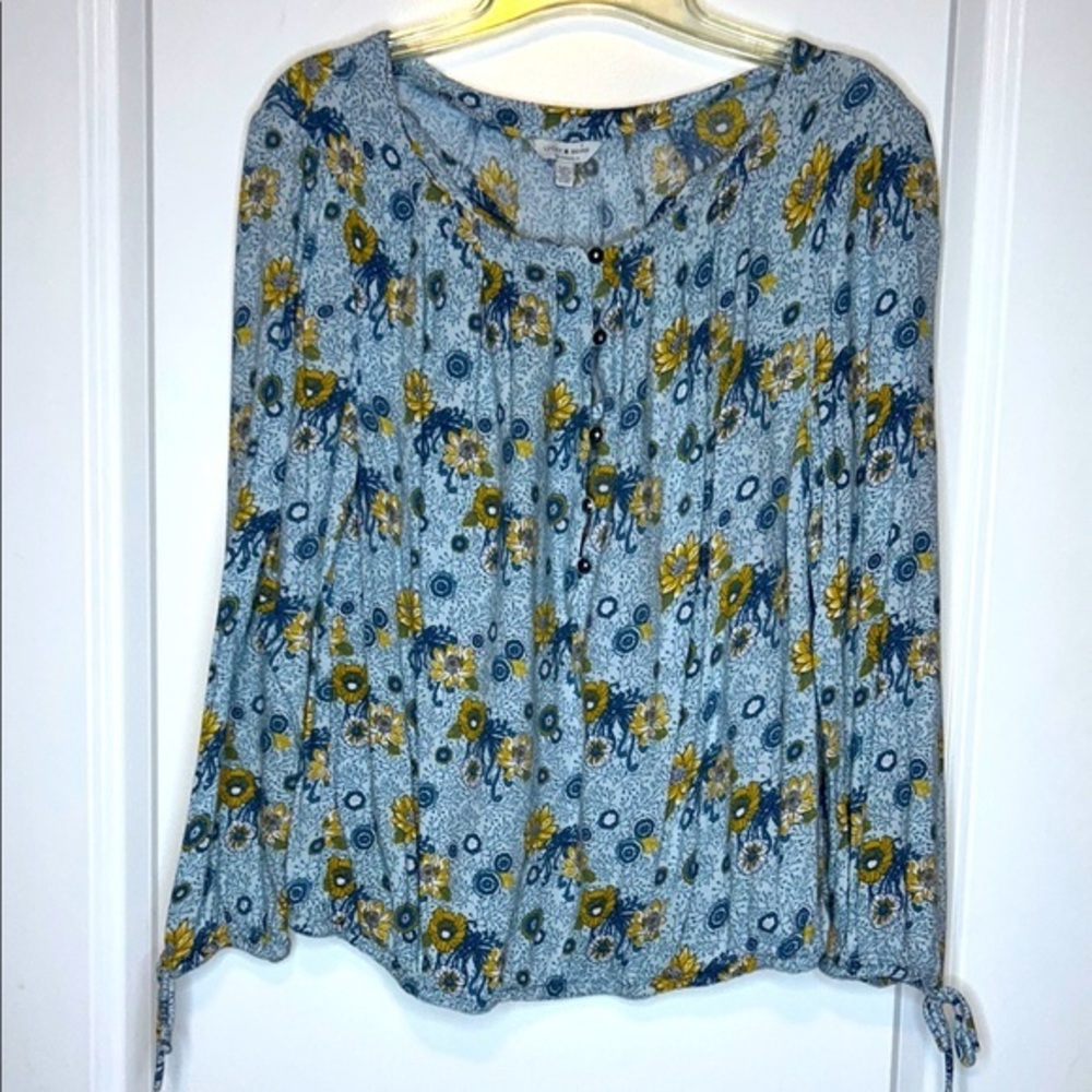 Lucky Brand Yellow and Blue Floral Print Blouse Size Large